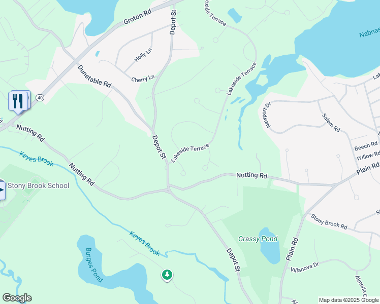 map of restaurants, bars, coffee shops, grocery stores, and more near 5 Lakeside Terrace in Westford
