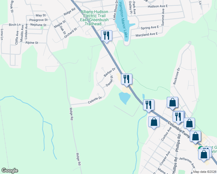 map of restaurants, bars, coffee shops, grocery stores, and more near 33 Celeste Drive in Rensselaer