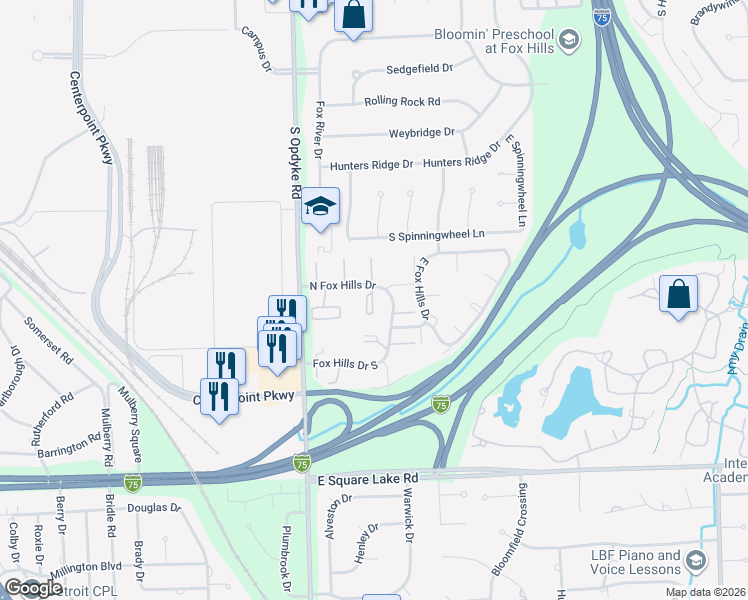 map of restaurants, bars, coffee shops, grocery stores, and more near 474 North Fox Hills Drive in Bloomfield Township