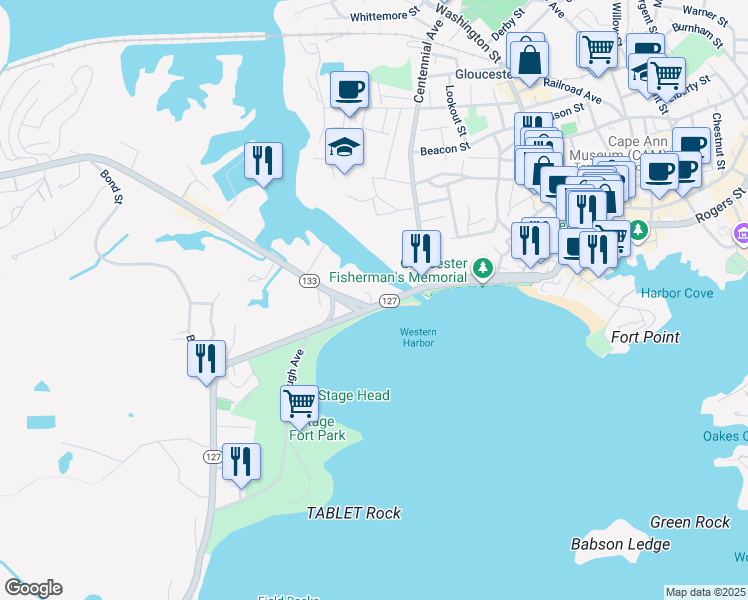 map of restaurants, bars, coffee shops, grocery stores, and more near 44 Essex Avenue in Gloucester