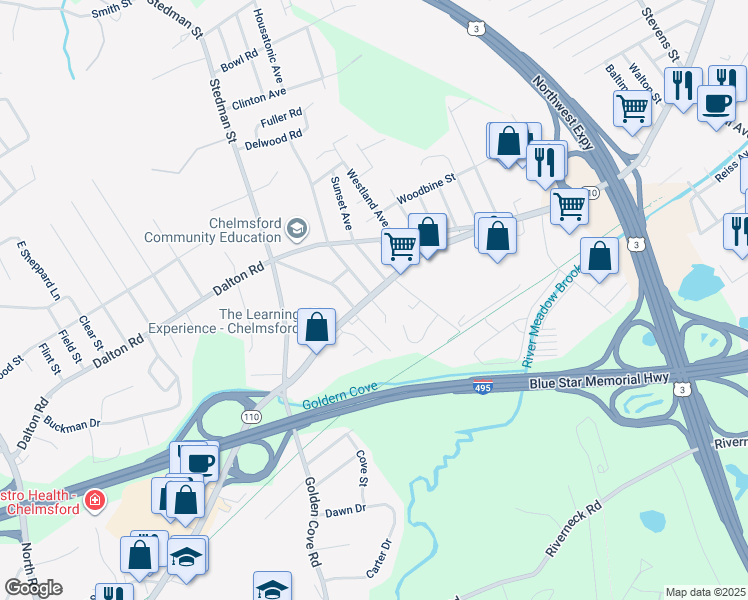 map of restaurants, bars, coffee shops, grocery stores, and more near 8 Maple Avenue in Chelmsford