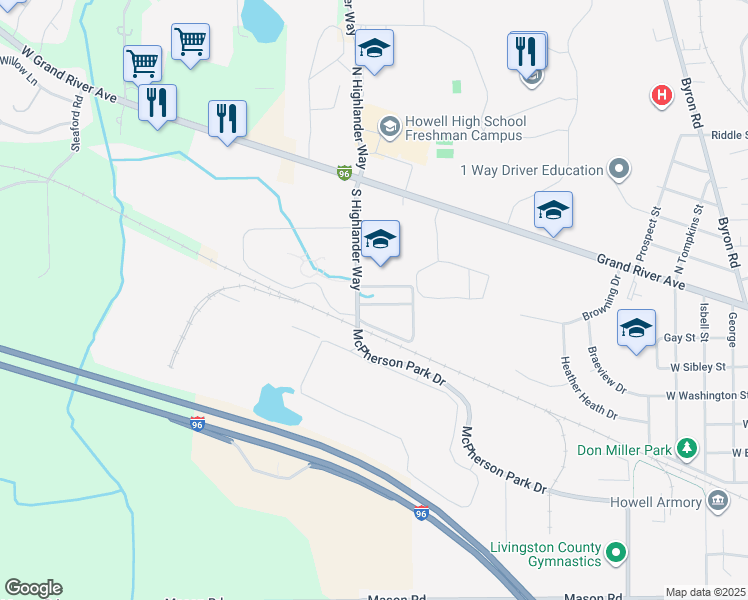 map of restaurants, bars, coffee shops, grocery stores, and more near 409 South Highlander Way in Howell