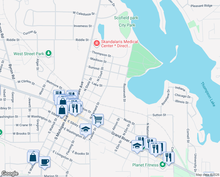 map of restaurants, bars, coffee shops, grocery stores, and more near 409 Lake Street in Howell