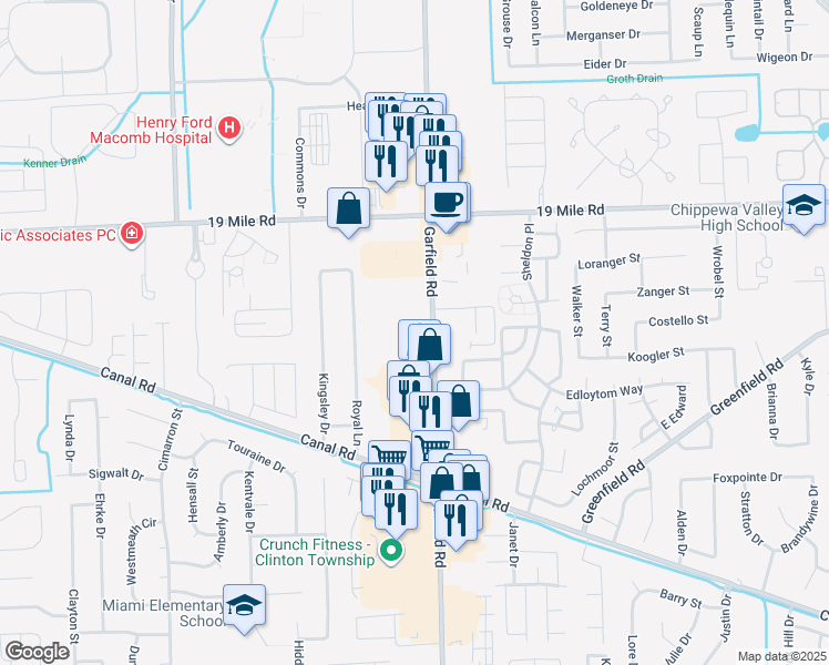 map of restaurants, bars, coffee shops, grocery stores, and more near 42615 Garfield Road in Clinton Township