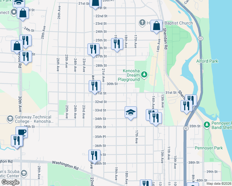 map of restaurants, bars, coffee shops, grocery stores, and more near 3098 19th Avenue in Kenosha