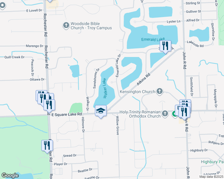 map of restaurants, bars, coffee shops, grocery stores, and more near 6141 Emerald Lake Drive in Troy