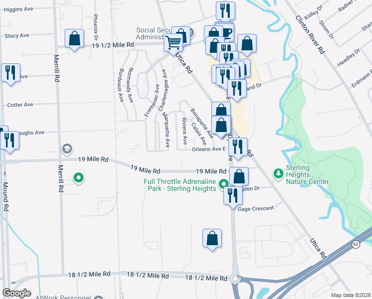 map of restaurants, bars, coffee shops, grocery stores, and more near 43001 Riviera Avenue in Sterling Heights
