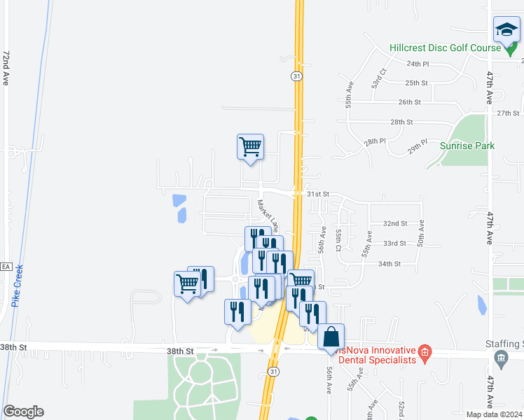 map of restaurants, bars, coffee shops, grocery stores, and more near 3202 Market Lane in Kenosha