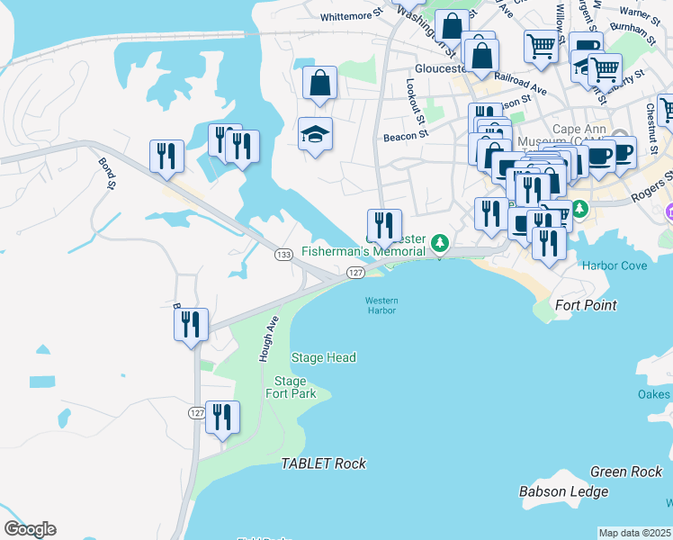 map of restaurants, bars, coffee shops, grocery stores, and more near 44 Essex Avenue in Gloucester