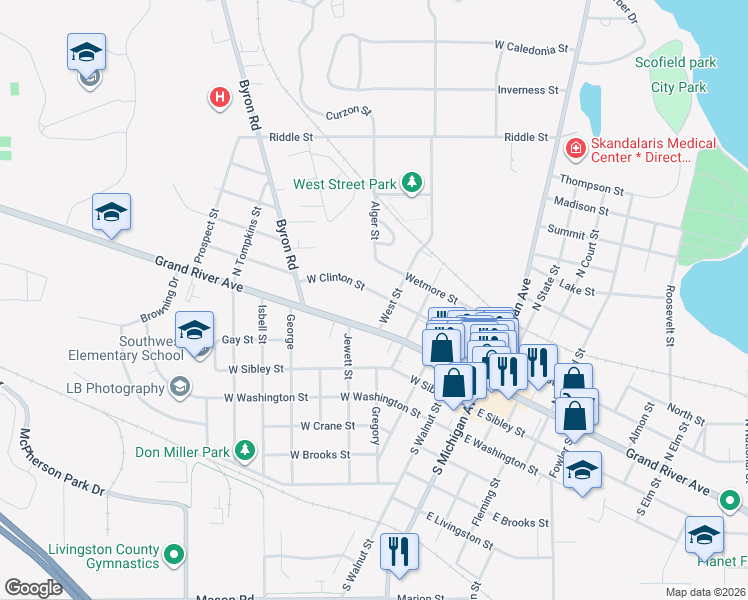 map of restaurants, bars, coffee shops, grocery stores, and more near 110 West Street in Howell
