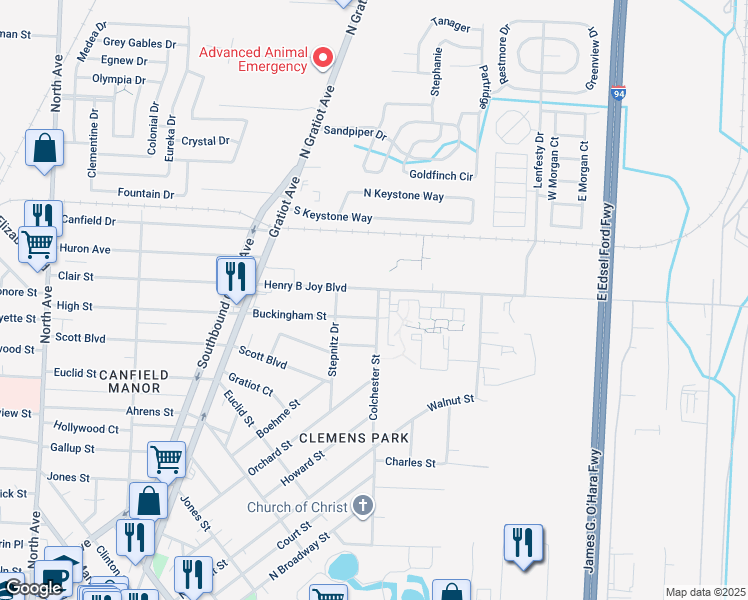 map of restaurants, bars, coffee shops, grocery stores, and more near 23888 Buckingham Street in Clinton Township