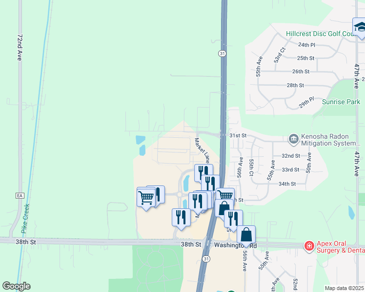 map of restaurants, bars, coffee shops, grocery stores, and more near 3108 Market Lane in Kenosha