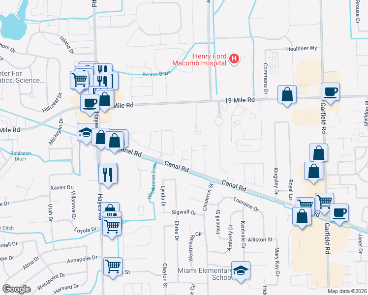 map of restaurants, bars, coffee shops, grocery stores, and more near 15739 Canal Road in Clinton Township