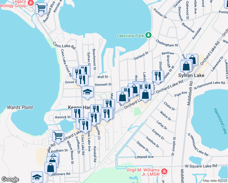 map of restaurants, bars, coffee shops, grocery stores, and more near 2066 Maddy Lane in Keego Harbor