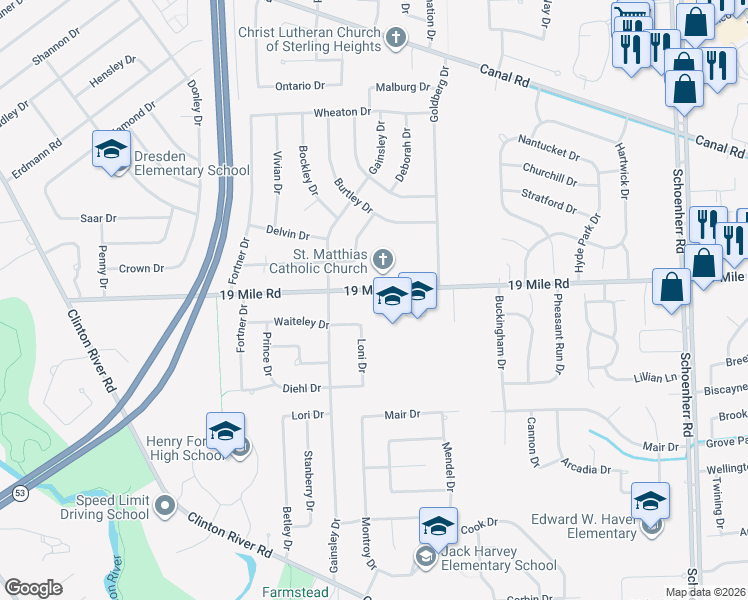 map of restaurants, bars, coffee shops, grocery stores, and more near 12311 19 Mile Road in Sterling Heights