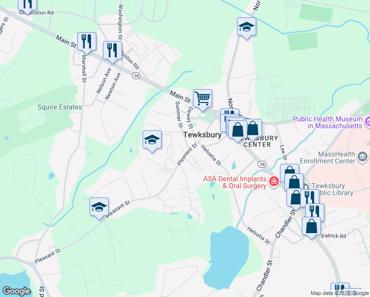 map of restaurants, bars, coffee shops, grocery stores, and more near 67 Dewey Street in Tewksbury