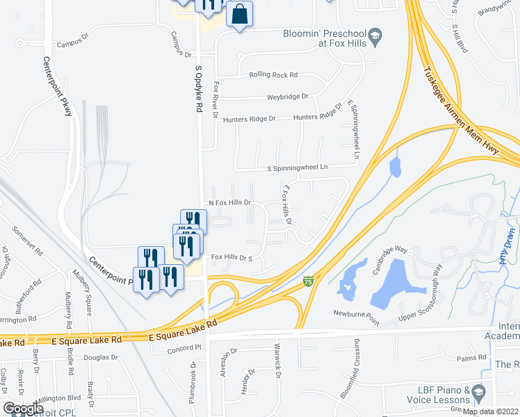 map of restaurants, bars, coffee shops, grocery stores, and more near 525 North Fox Hills Drive in Bloomfield Hills
