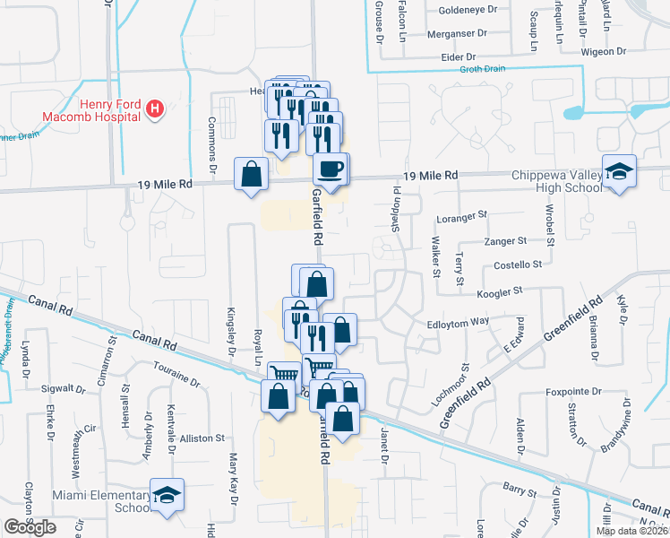 map of restaurants, bars, coffee shops, grocery stores, and more near 42615 Culling Court in Clinton Township
