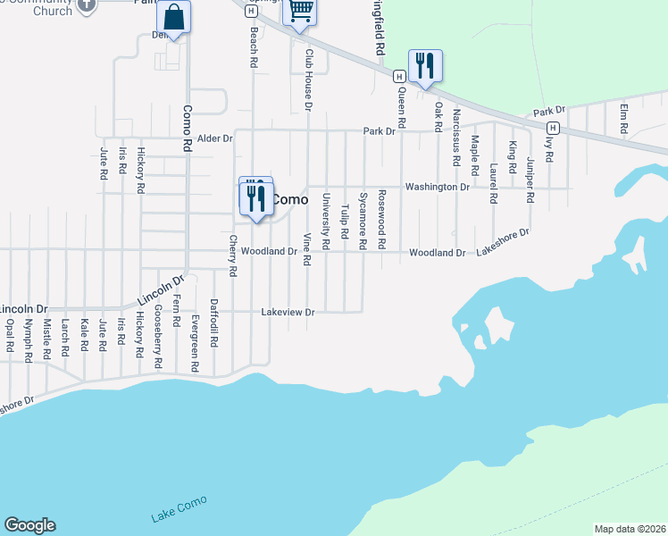 map of restaurants, bars, coffee shops, grocery stores, and more near N3275 University Road in Lake Geneva