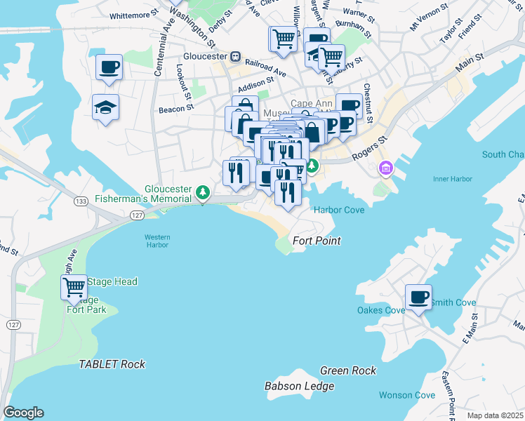 map of restaurants, bars, coffee shops, grocery stores, and more near 21 Commercial Street in Gloucester