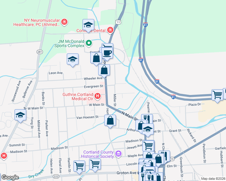 map of restaurants, bars, coffee shops, grocery stores, and more near 32 Miller Street in Cortland