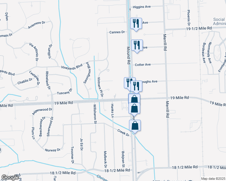 map of restaurants, bars, coffee shops, grocery stores, and more near 43093 Mound Road in Sterling Heights