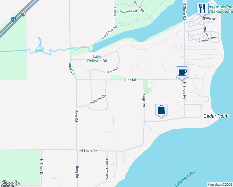map of restaurants, bars, coffee shops, grocery stores, and more near 2121 Linn Road in Delavan