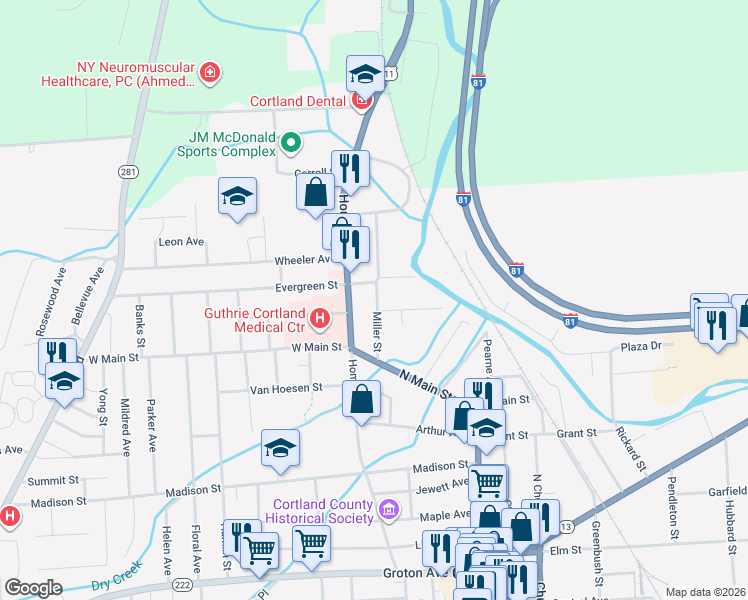 map of restaurants, bars, coffee shops, grocery stores, and more near 32 Miller Street in Cortland