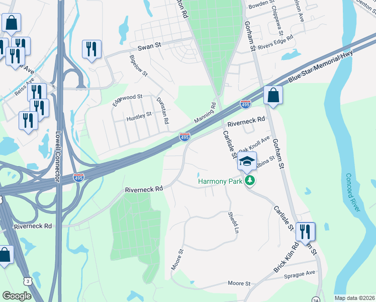 map of restaurants, bars, coffee shops, grocery stores, and more near 56 Riverneck Road in Chelmsford