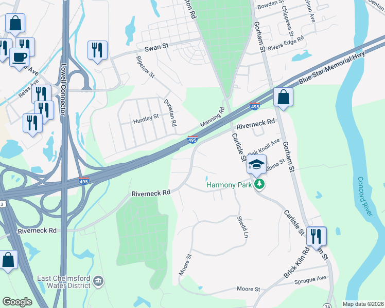 map of restaurants, bars, coffee shops, grocery stores, and more near 69 Riverneck Road in Chelmsford