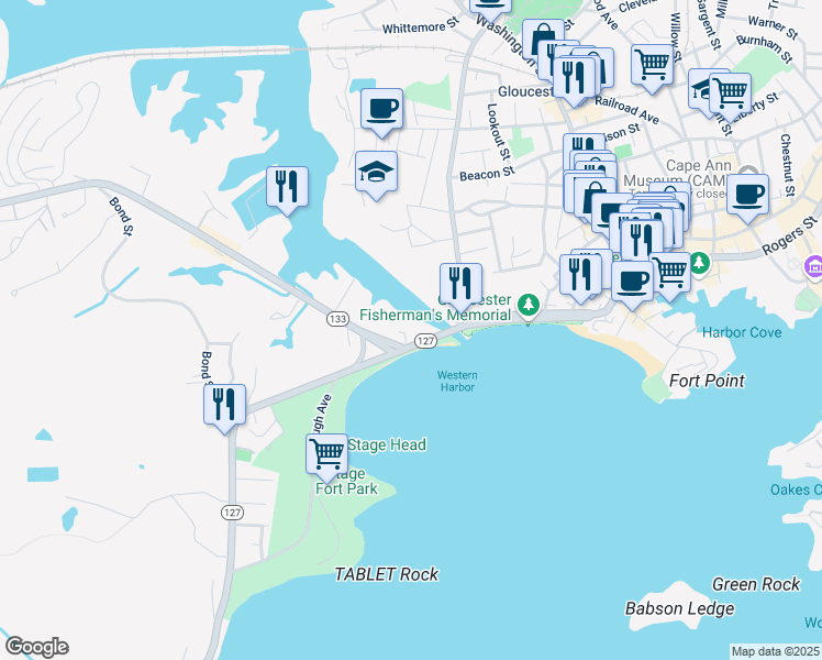map of restaurants, bars, coffee shops, grocery stores, and more near 111R Western Avenue in Gloucester