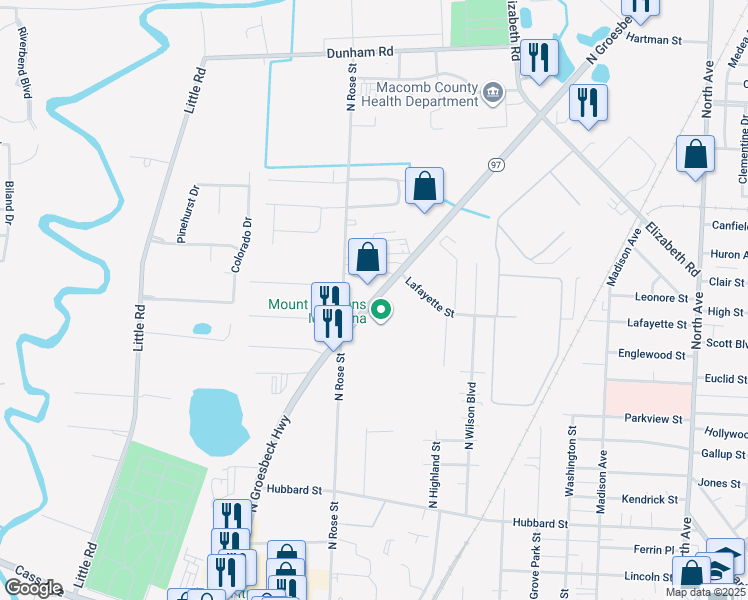 map of restaurants, bars, coffee shops, grocery stores, and more near 260 North Rose Street in Mount Clemens