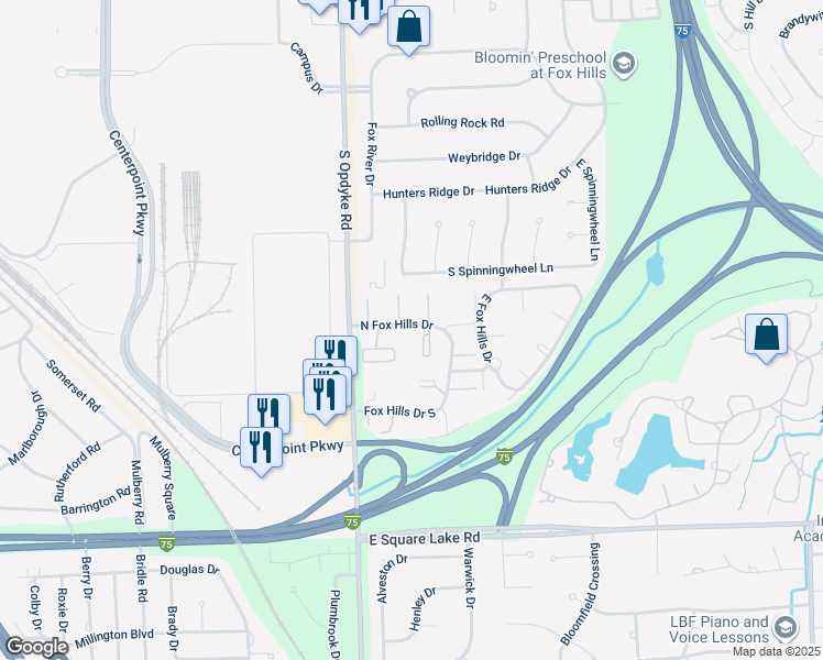 map of restaurants, bars, coffee shops, grocery stores, and more near 511 North Fox Hills Drive in Bloomfield Hills