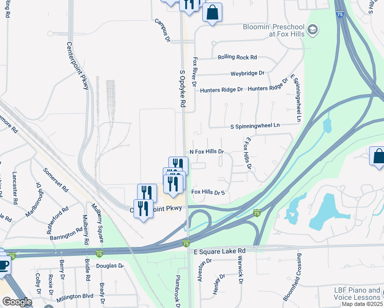 map of restaurants, bars, coffee shops, grocery stores, and more near 443 North Fox Hills Drive in Bloomfield Hills