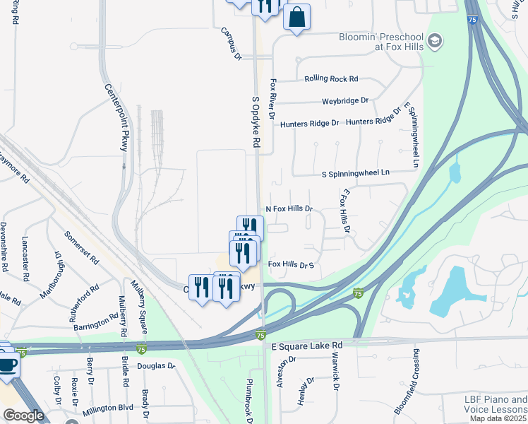 map of restaurants, bars, coffee shops, grocery stores, and more near 405 North Fox Hills Drive in Bloomfield Hills