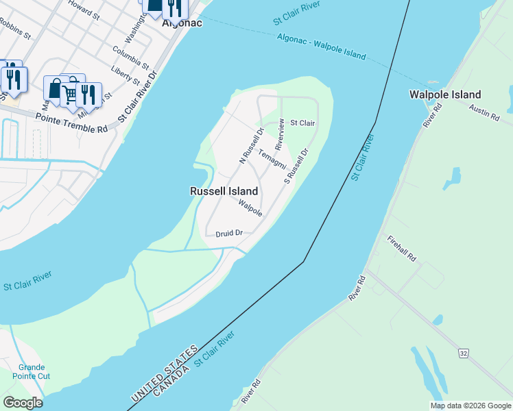 map of restaurants, bars, coffee shops, grocery stores, and more near 124 Walpole in Harsens Island