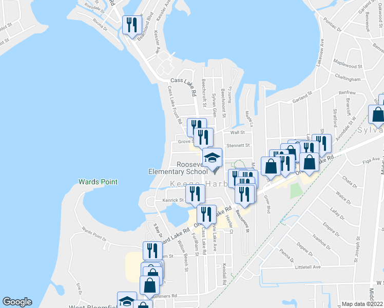 map of restaurants, bars, coffee shops, grocery stores, and more near 3033 Cass Lake Avenue in Keego Harbor