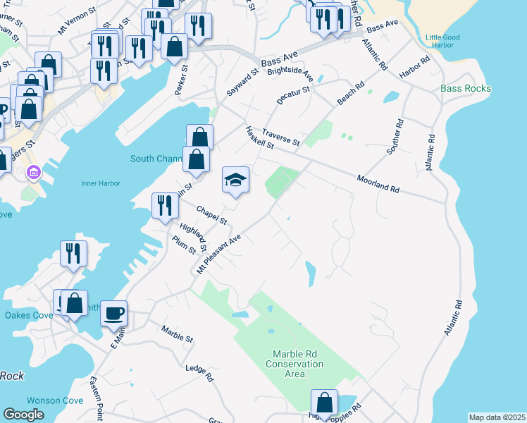 map of restaurants, bars, coffee shops, grocery stores, and more near 35B Mount Pleasant Avenue in Gloucester