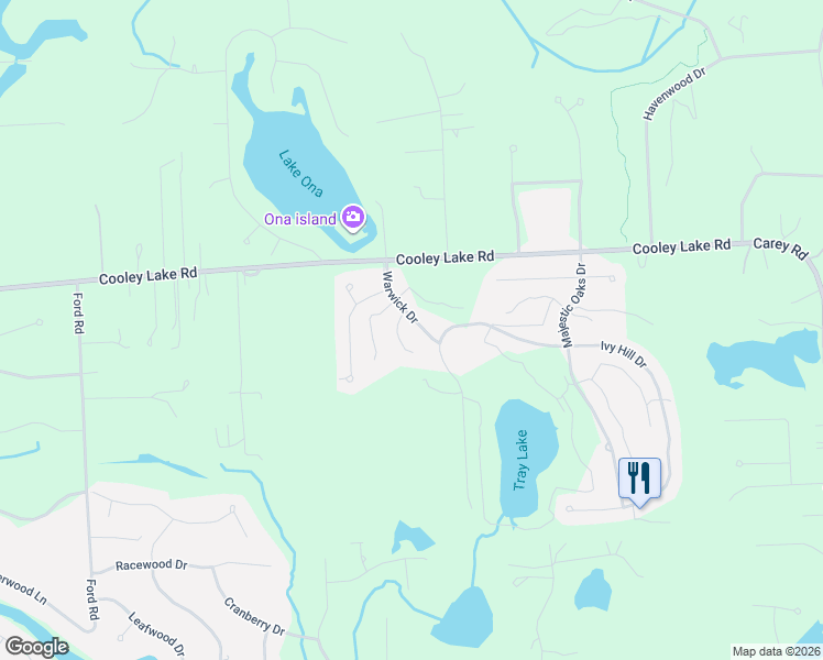 map of restaurants, bars, coffee shops, grocery stores, and more near 6100 Warwick Drive in Commerce Charter Township