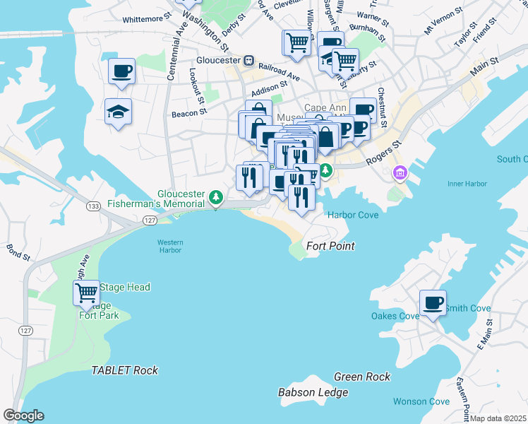 map of restaurants, bars, coffee shops, grocery stores, and more near 25 Western Avenue in Gloucester