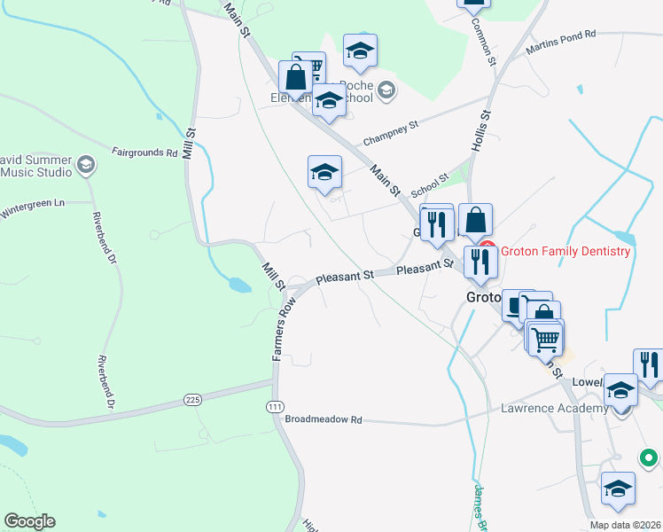 map of restaurants, bars, coffee shops, grocery stores, and more near 88 Pleasant Street in Groton