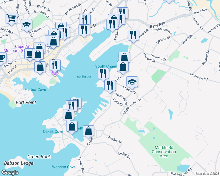map of restaurants, bars, coffee shops, grocery stores, and more near 159 East Main Street in Gloucester