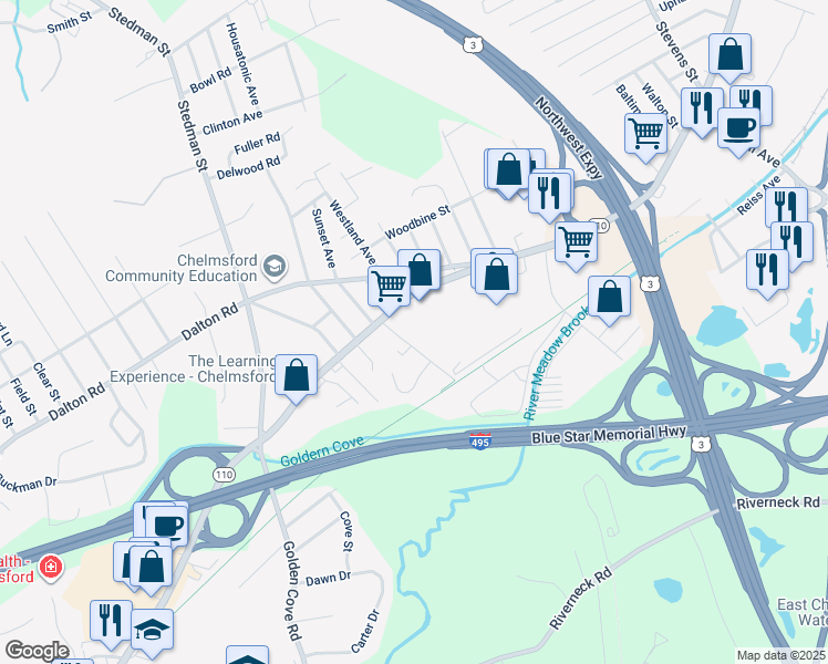map of restaurants, bars, coffee shops, grocery stores, and more near 239 Chelmsford Street in Chelmsford