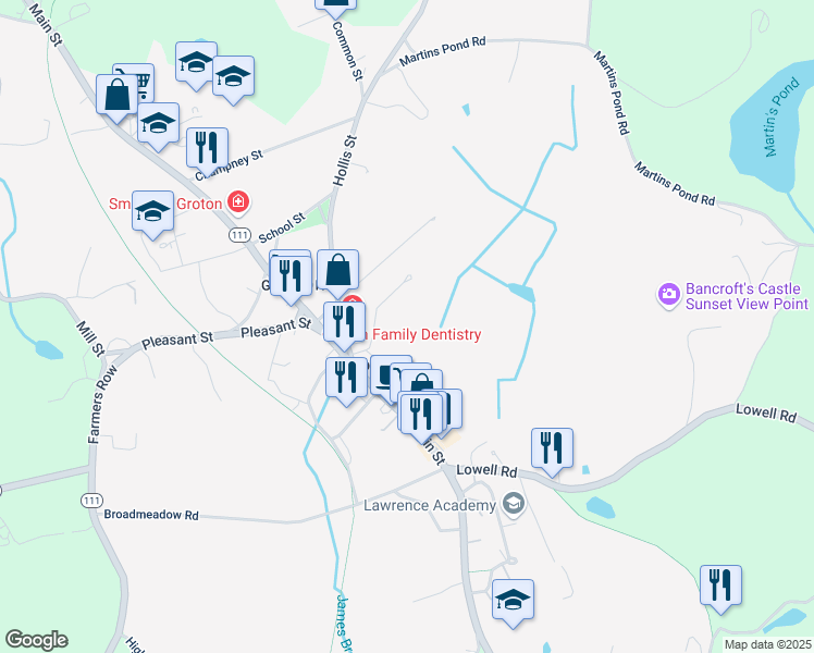 map of restaurants, bars, coffee shops, grocery stores, and more near in Groton