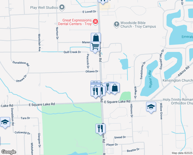 map of restaurants, bars, coffee shops, grocery stores, and more near 6195 Rochester Road in Troy