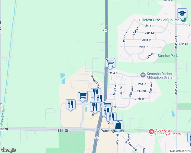 map of restaurants, bars, coffee shops, grocery stores, and more near 6171 31st Street in Kenosha