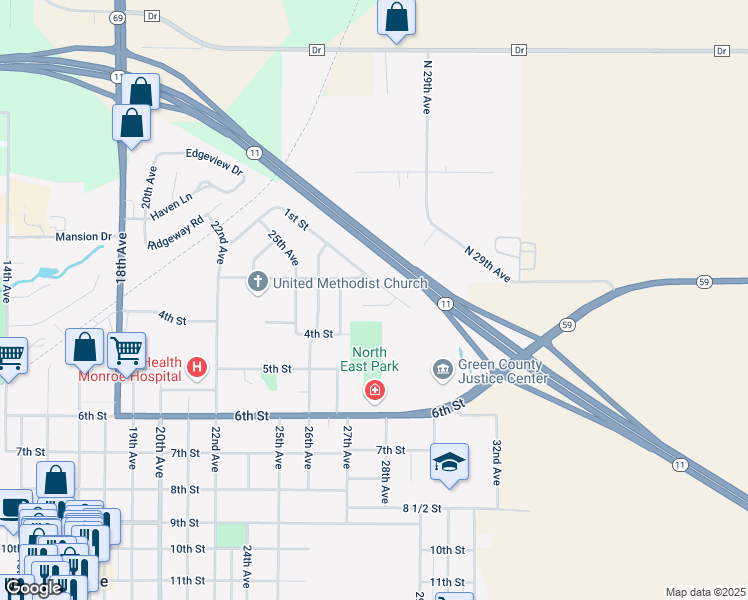 map of restaurants, bars, coffee shops, grocery stores, and more near 2714 2nd Street in Monroe