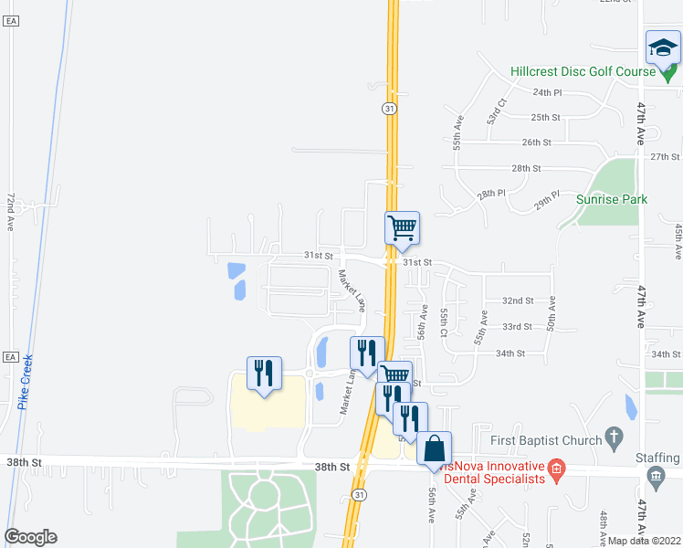 map of restaurants, bars, coffee shops, grocery stores, and more near 3108 Market Lane in Kenosha