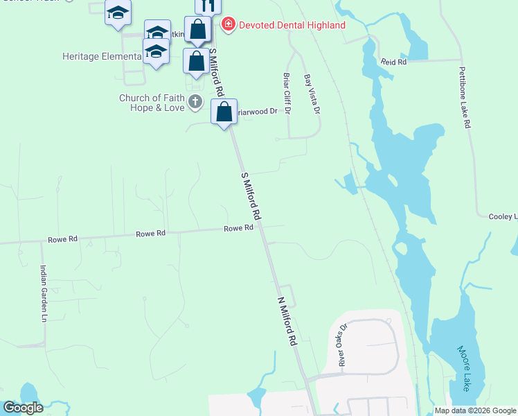 map of restaurants, bars, coffee shops, grocery stores, and more near 3283 South Milford Road in Highland Charter Township