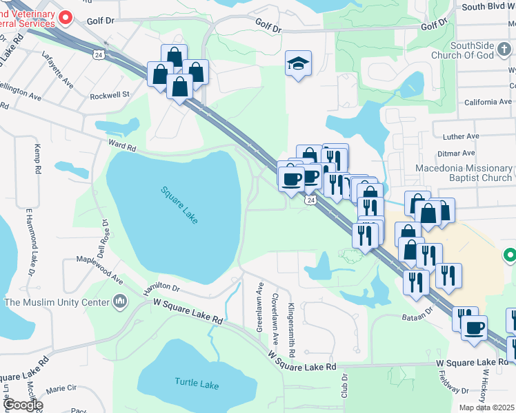 map of restaurants, bars, coffee shops, grocery stores, and more near 2027 Klingensmith Road in Bloomfield Township